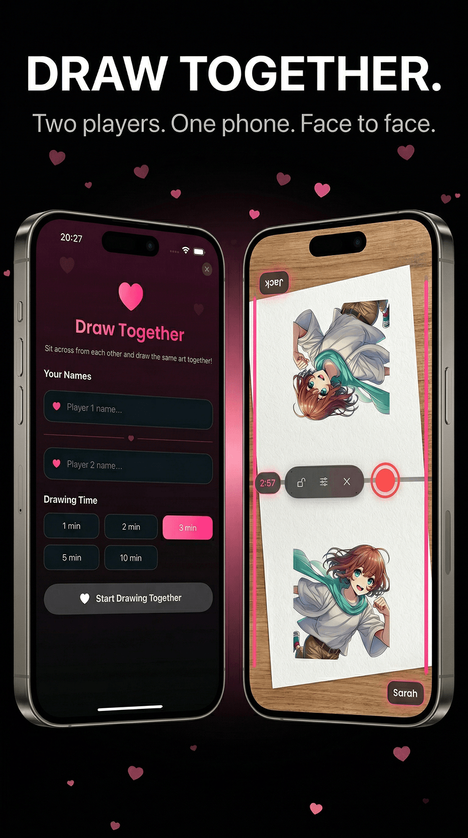 Two players using Draw Together mode face to face on one phone